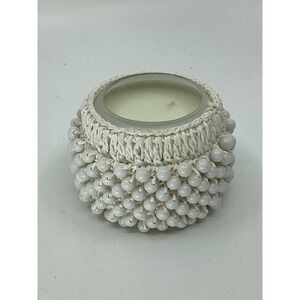 Anthropologie Sweet Mint & Melon Beaded Crochet Candle White Boho Coastal Decor